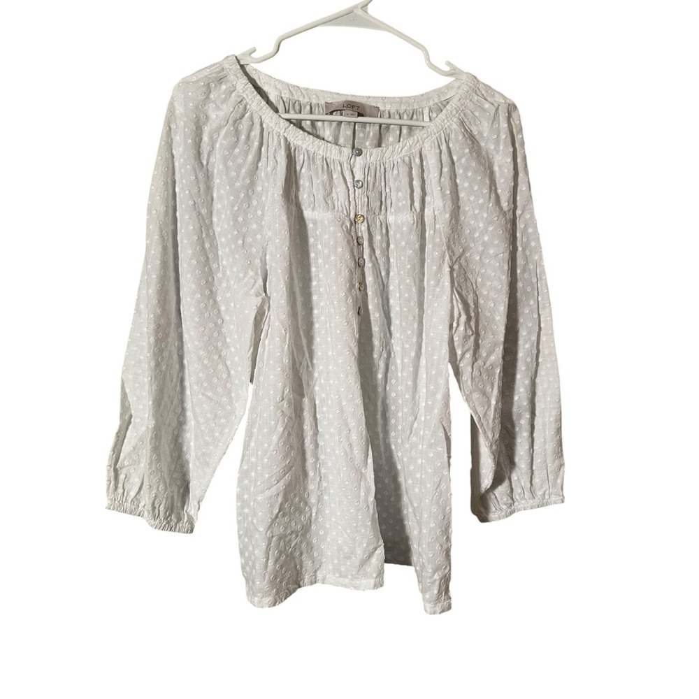 Loft Women's Sz Medium Henley Top White Swiss Dot Half Button Long Sleeve Cotton